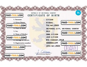 discover universal birth certificate PSD template, fully editable