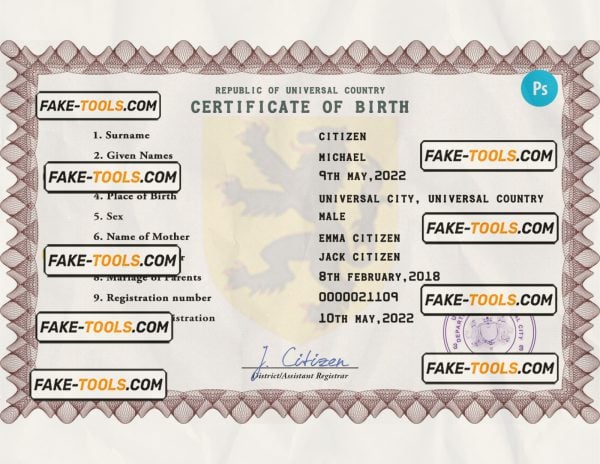 discover universal birth certificate PSD template, fully editable