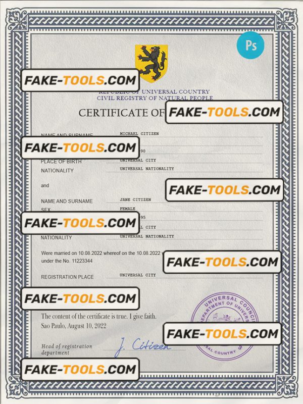 experienced universal marriage certificate PSD template, completely editable
