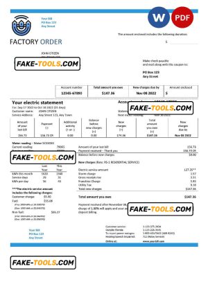 factory order universal multipurpose utility bill, Word and PDF template
