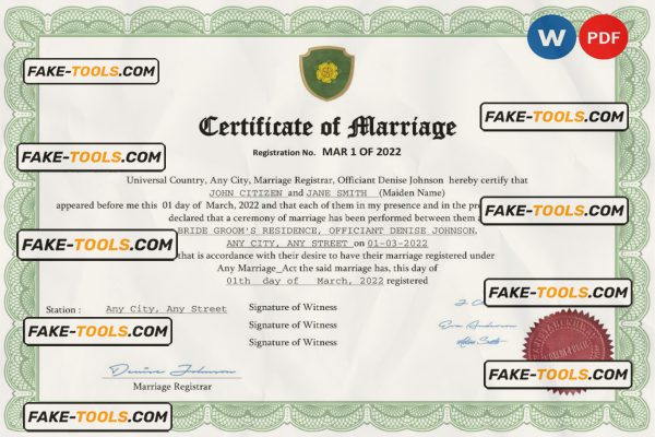 fancy universal marriage certificate Word and PDF template, completely editable