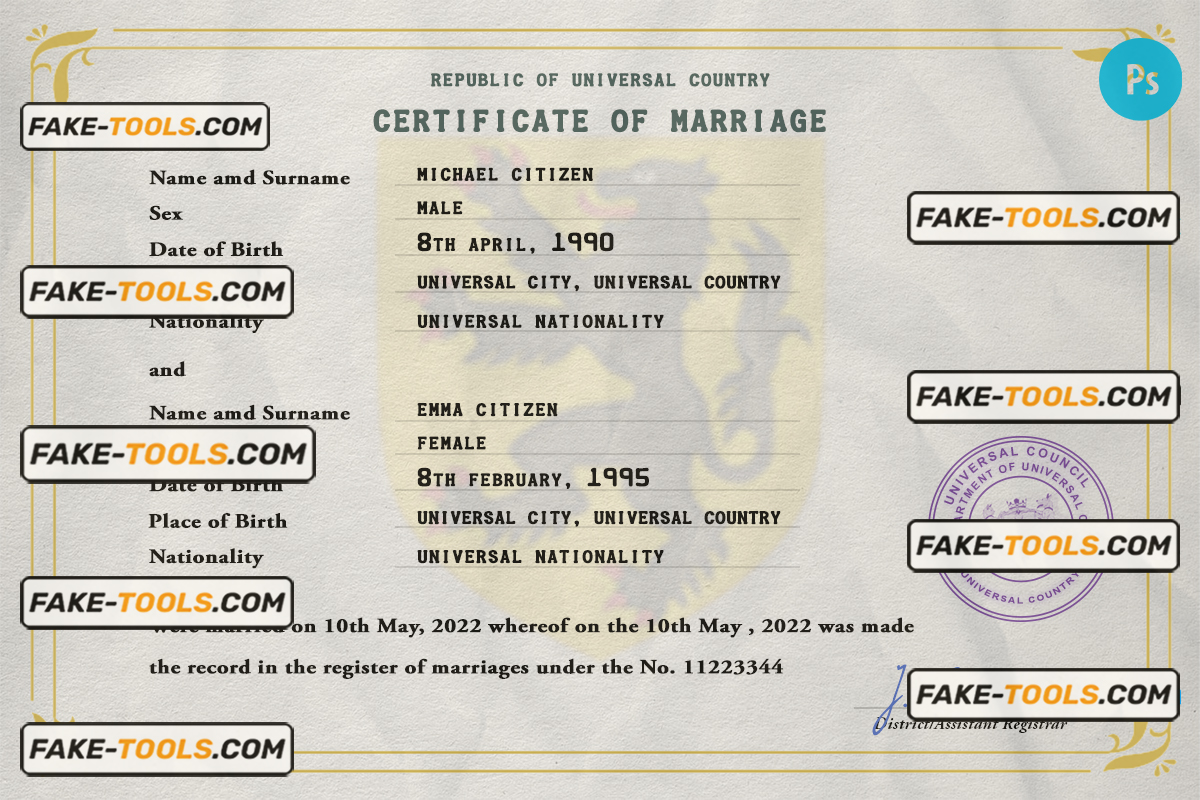 fine universal marriage certificate PSD template, fully editable scan effect