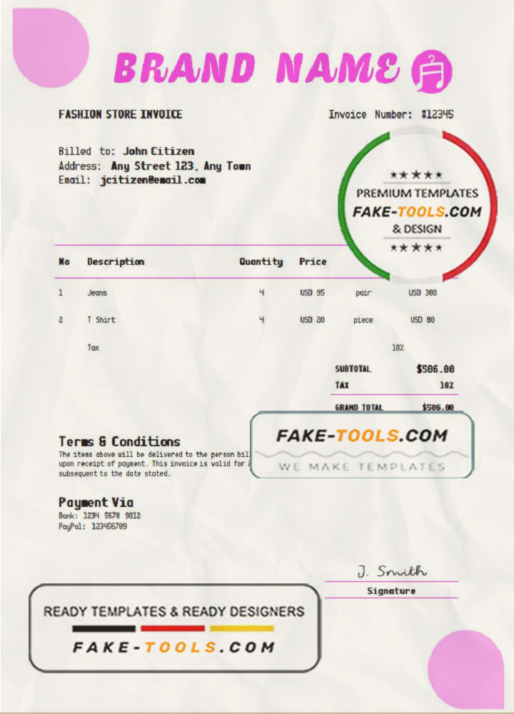 fix fashion universal multipurpose invoice template in Word and PDF format, fully editable scan effect