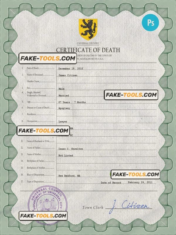 flight death universal certificate PSD template, completely editable