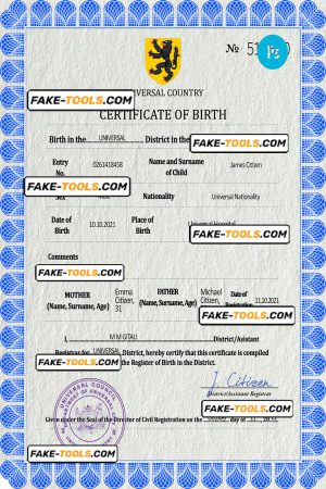 flow universal birth certificate PSD template, fully editable