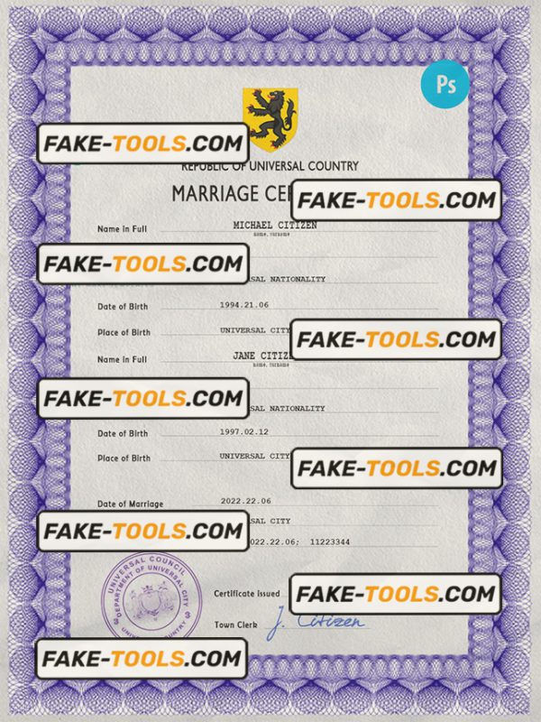 focal universal marriage certificate PSD template, fully editable