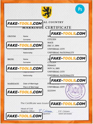 foregorund universal marriage certificate PSD template, completely editable