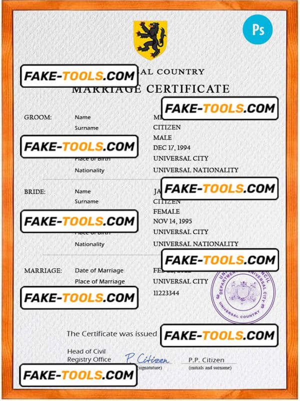 foregorund universal marriage certificate PSD template, completely editable