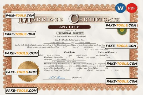 forever universal marriage certificate Word and PDF template, fully editable