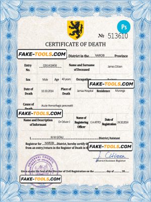 foster death universal certificate PSD template, completely editable