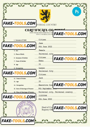 foster universal birth certificate PSD template, fully editable