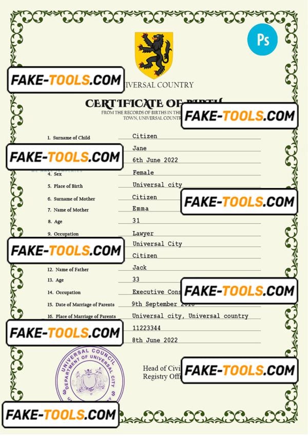 foster universal birth certificate PSD template, fully editable