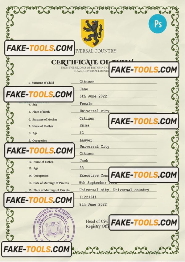 foster universal birth certificate PSD template, fully editable