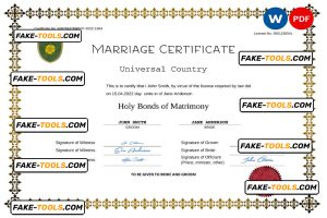 fresh universal marriage certificate Word and PDF template, completely editable