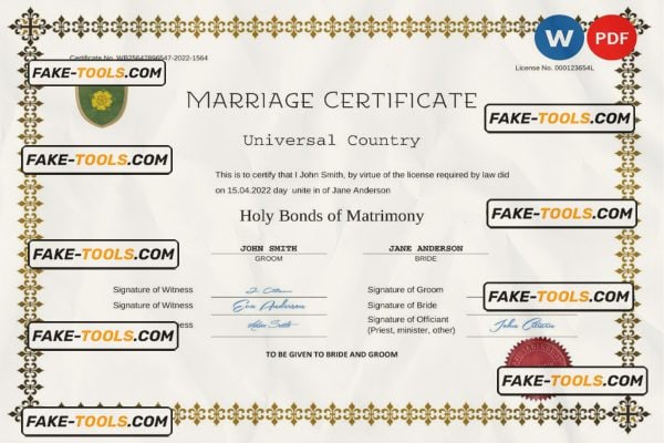 fresh universal marriage certificate Word and PDF template, completely editable