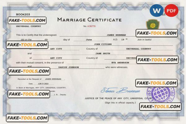 full-frontal universal marriage certificate Word and PDF template, fully editable