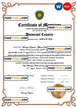 gloss universal marriage certificate Word and PDF template, completely editable