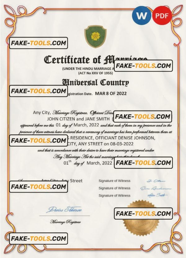 gloss universal marriage certificate Word and PDF template, completely editable