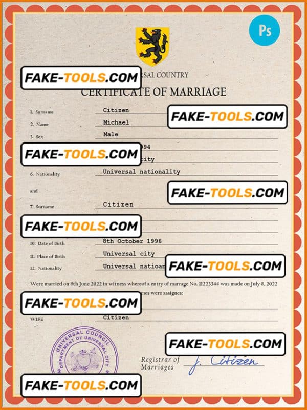 grace universal marriage certificate PSD template, fully editable