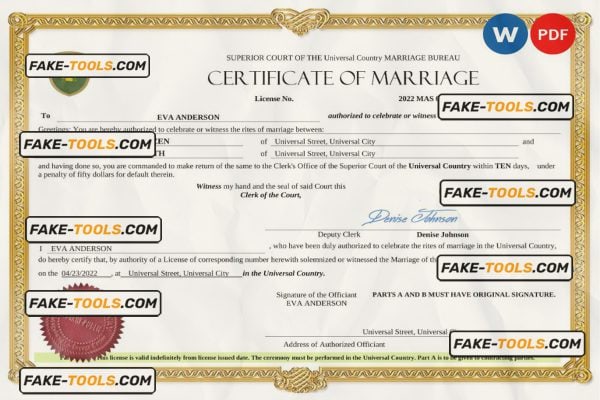 grace universal marriage certificate Word and PDF template, fully editable