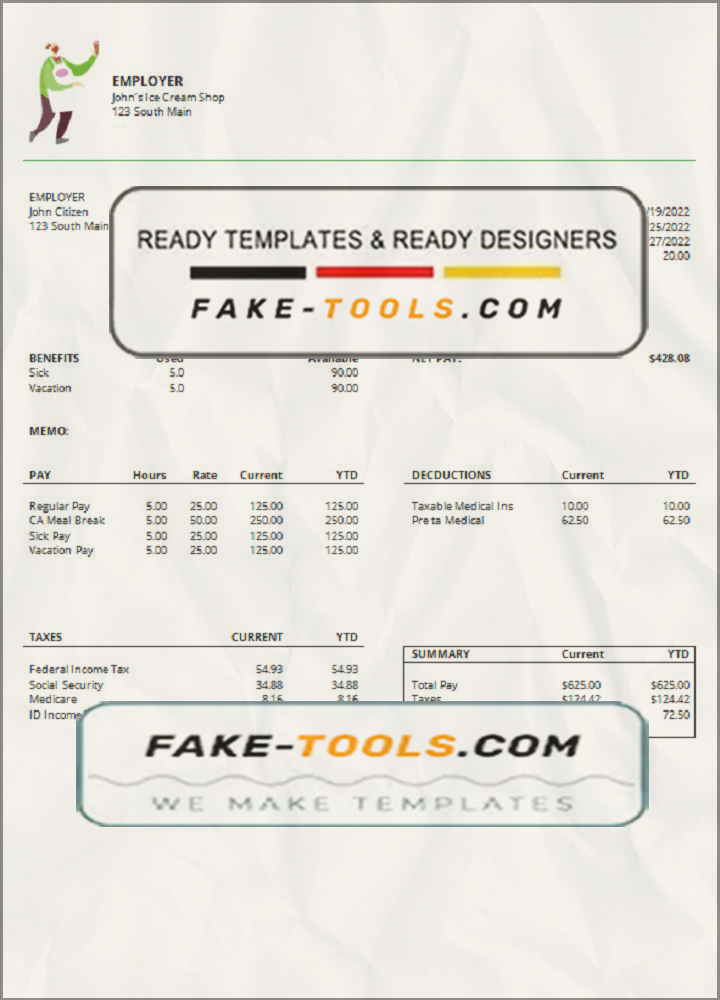 green culture pay stub template in Word and PDF format scan effect