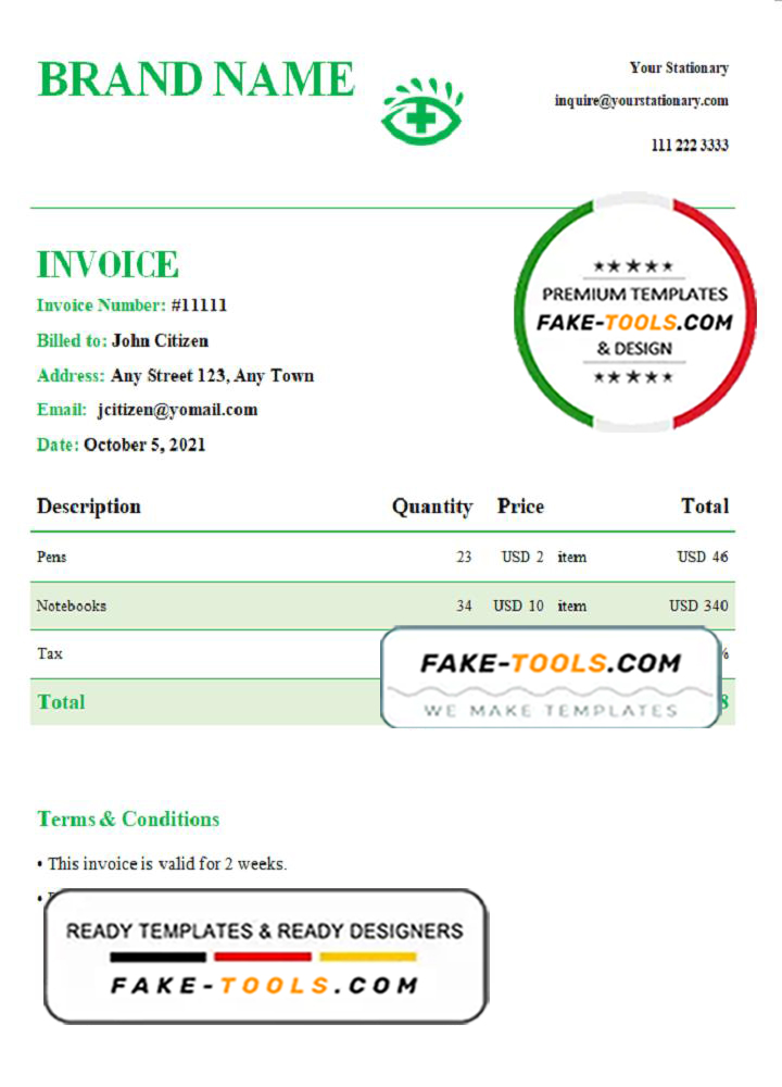 green eye universal multipurpose invoice template in Word and PDF format, fully editable