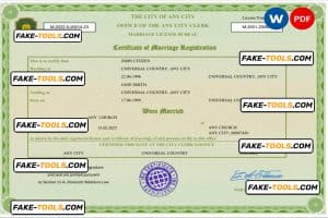 green universal marriage certificate Word and PDF template, fully editable