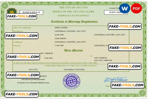 green universal marriage certificate Word and PDF template, fully editable