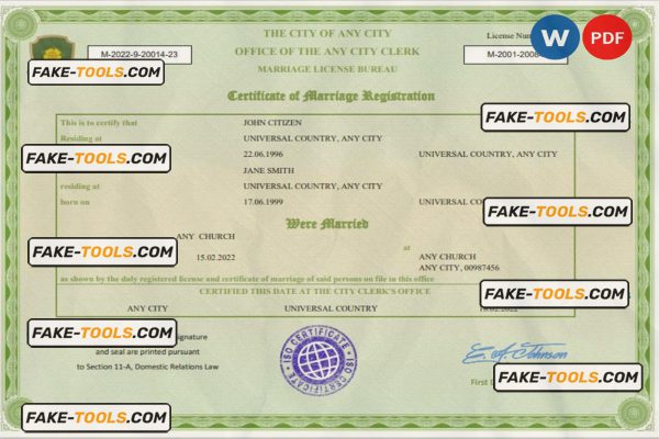 green universal marriage certificate Word and PDF template, fully editable