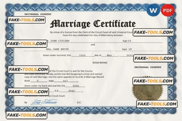 happy universal marriage certificate Word and PDF template, completely editable