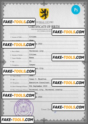 horizon universal birth certificate PSD template, fully editable