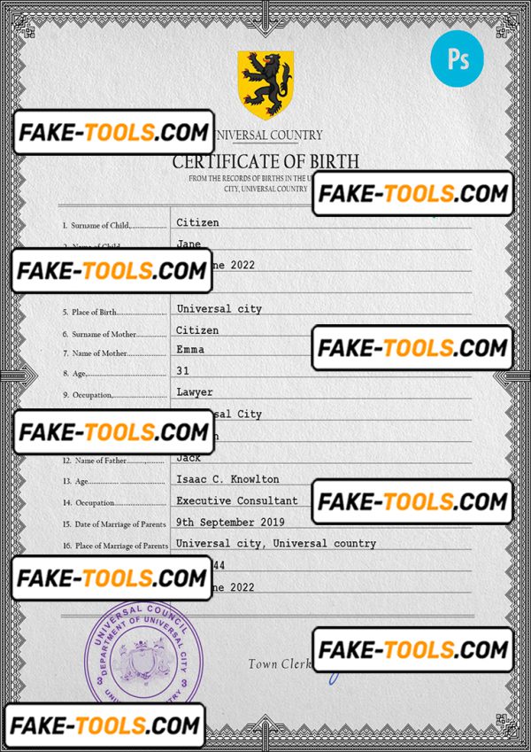 horizon universal birth certificate PSD template, fully editable