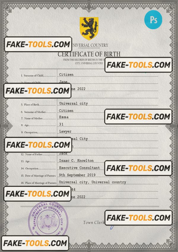 horizon universal birth certificate PSD template, fully editable