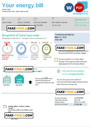 hydro digital universal multipurpose utility bill, Word and PDF template