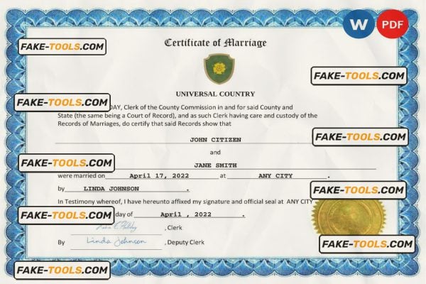 hypnotic universal marriage certificate Word and PDF template, fully editable