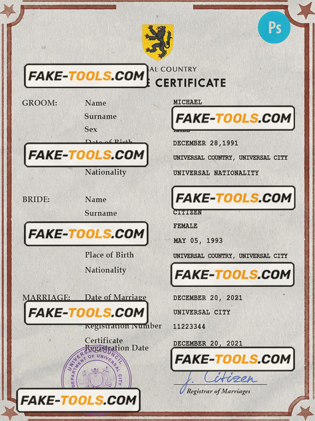 iconic token universal marriage certificate PSD template, completely editable scan effect