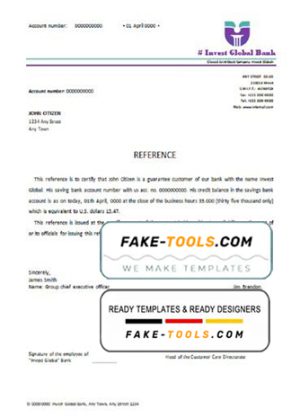 invest global bank universal multipurpose bank account reference template in Word and PDF format