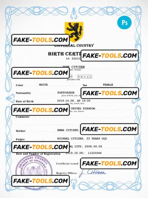 major universal birth certificate PSD template, fully editable