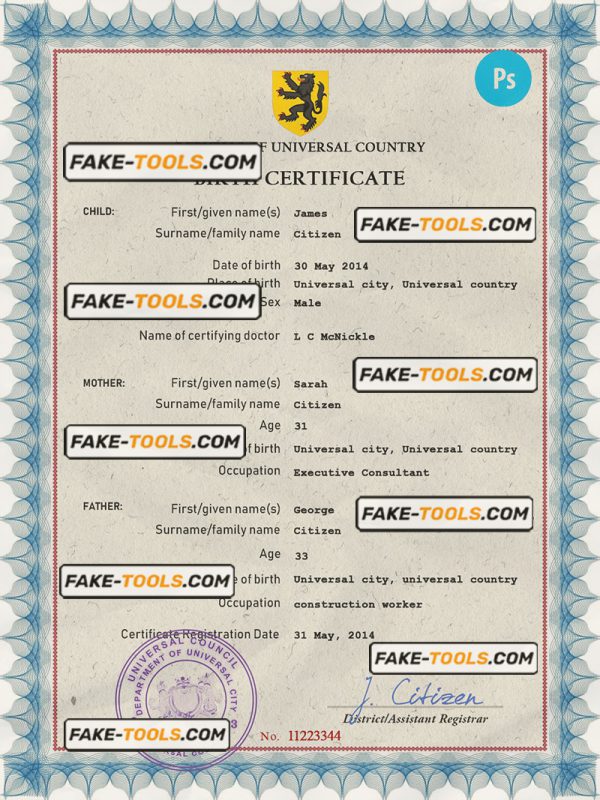 mass project universal birth certificate PSD template, completely editable scan effect