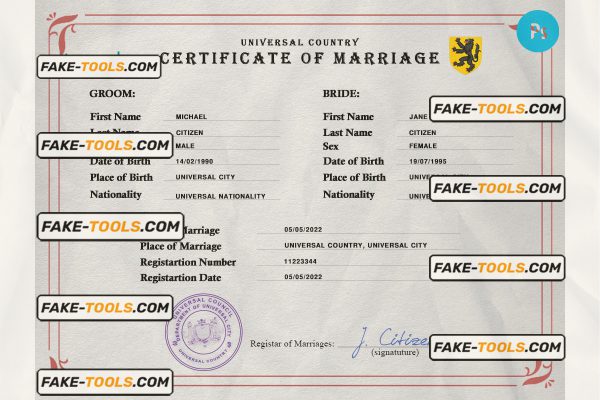 micro universal marriage certificate PSD template, fully editable scan effect
