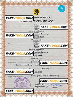 microfilm universal marriage certificate PSD template, fully editable