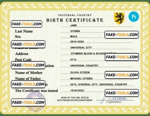 power universal birth certificate PSD template, completely editable