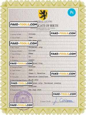 praise universal birth certificate PSD template, completely editable