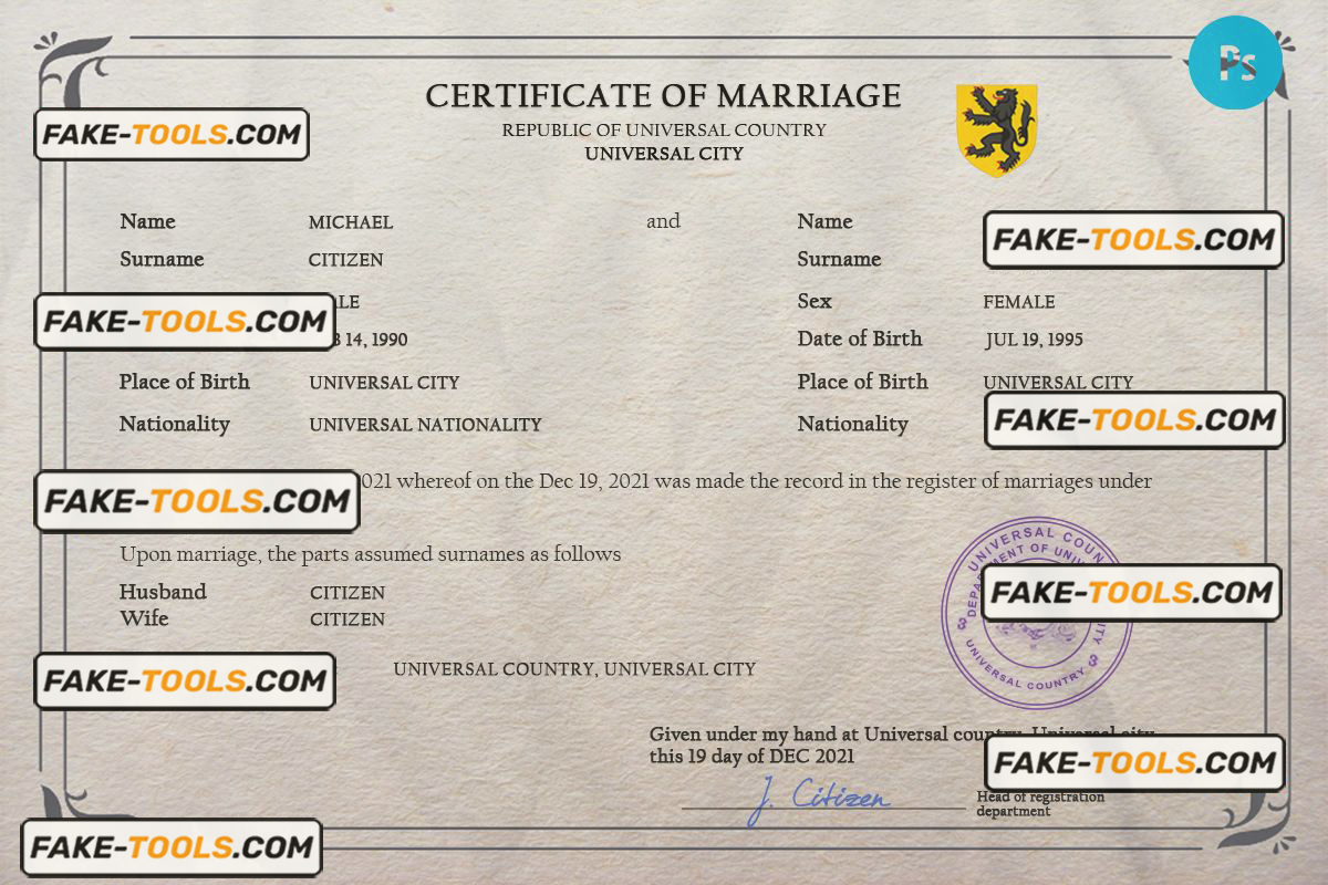romance universal marriage certificate PSD template, fully editable Scan effect