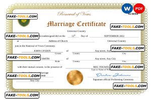 romance universal marriage certificate Word and PDF template, completely editable