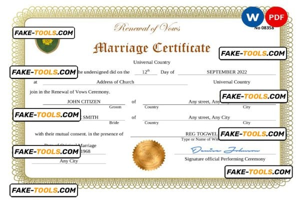 romance universal marriage certificate Word and PDF template, completely editable