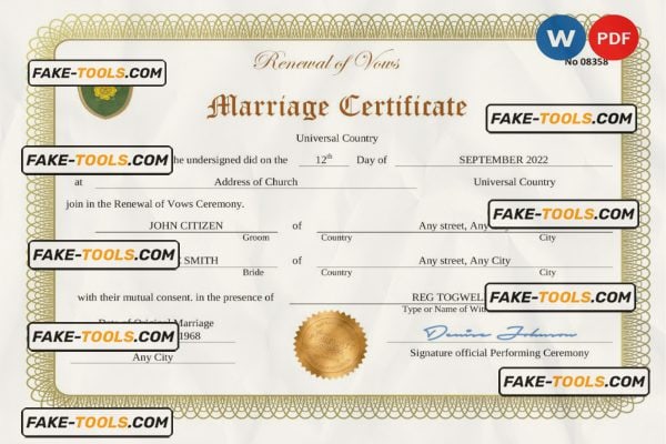 romance universal marriage certificate Word and PDF template, completely editable