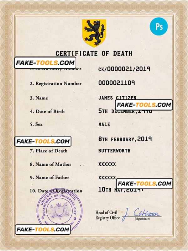 scope vital record death certificate universal PSD template