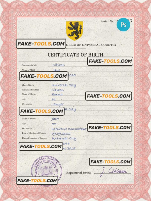scribe universal birth certificate PSD template, fully editable scan effect