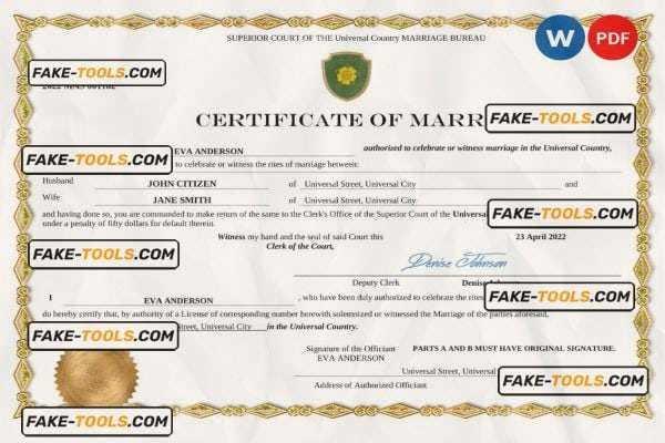 shadow universal marriage certificate Word and PDF template, fully editable